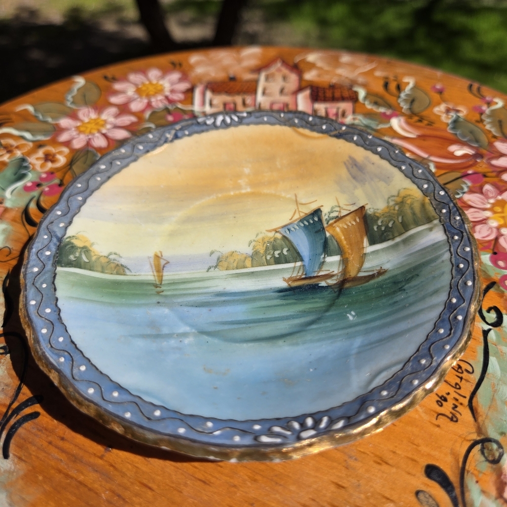 Antique Porcelain Hand Painted Sailboat Saucer Blue Nautical Catchall Dish Japan